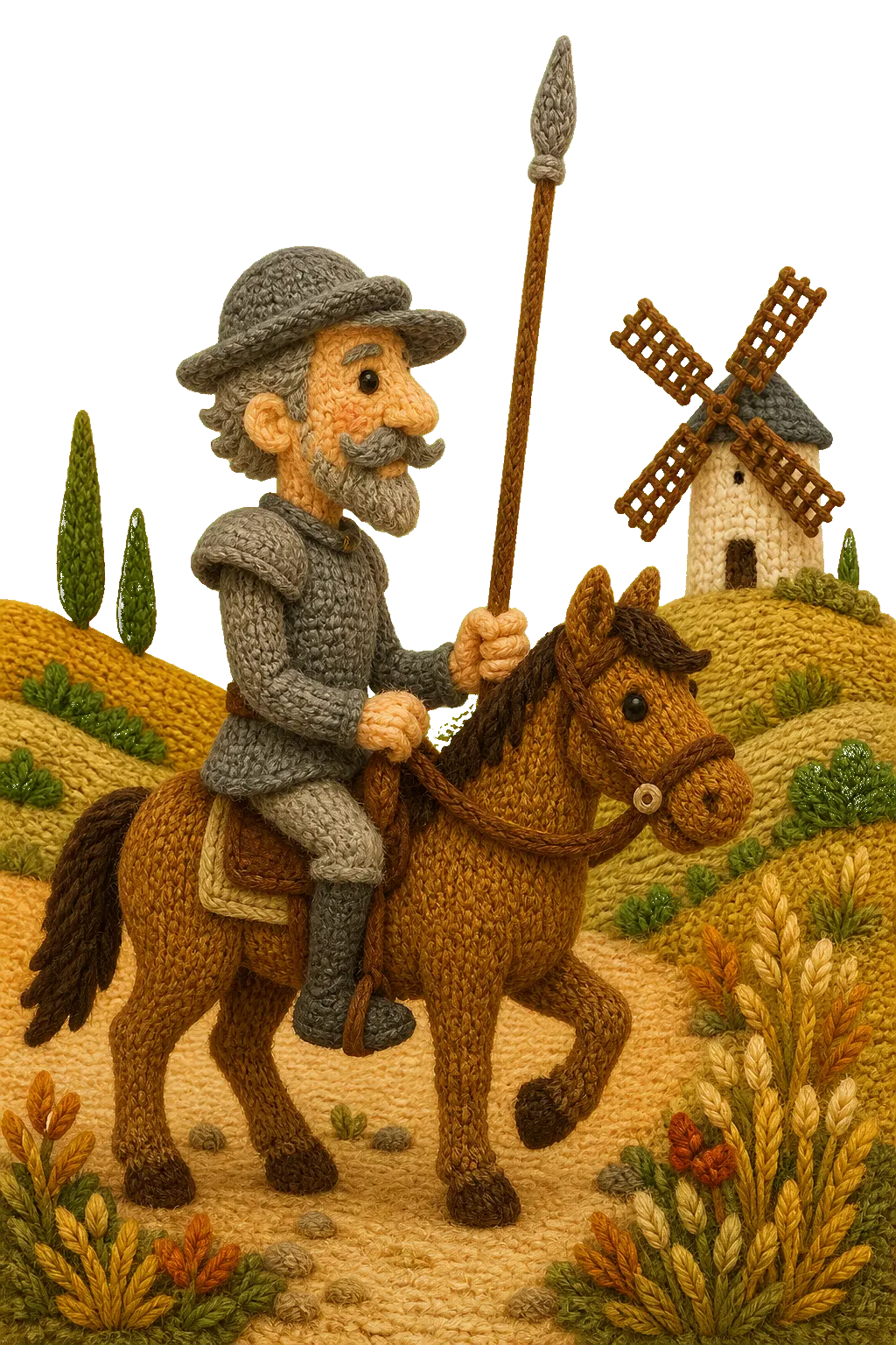 Don-Quivano-Figur auf einem Pferd vor einer Windmühle